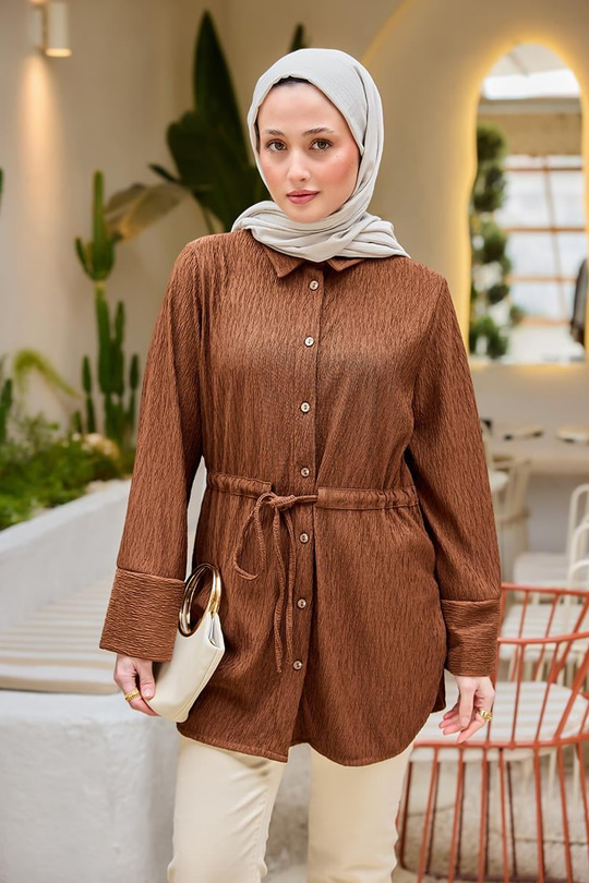 Beli Kemerli Damla Gömlek Kahverengi