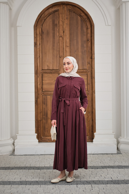 Beli Kuşak Detay Gömlek Elbise Bordo