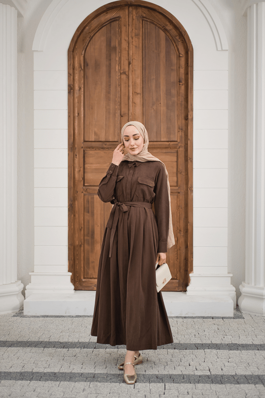 Beli Kuşak Detay Gömlek Elbise Kahverengi