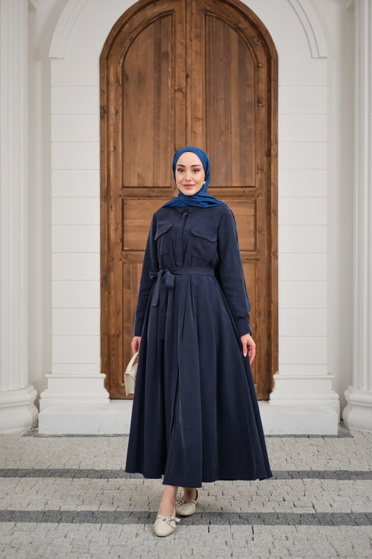 Beli Kuşak Detay Gömlek Elbise Lacivert