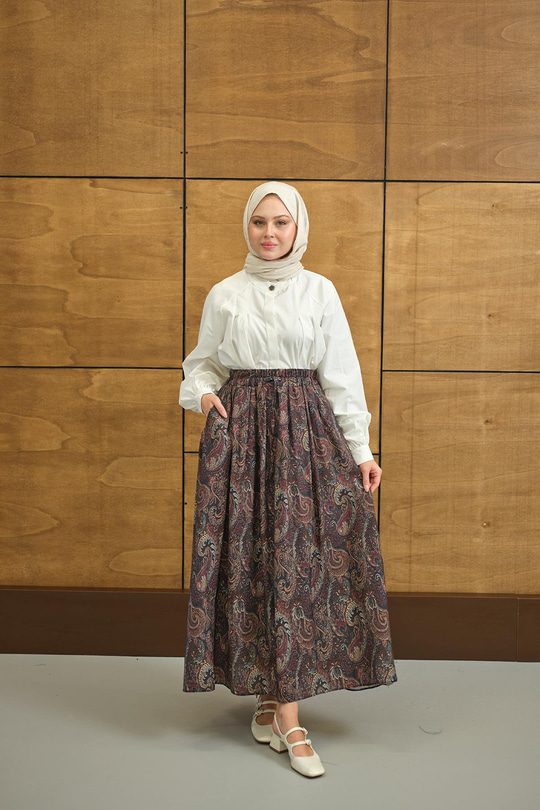 Beli Lastikli Cep Detay Etnik Desen Etek Bordo