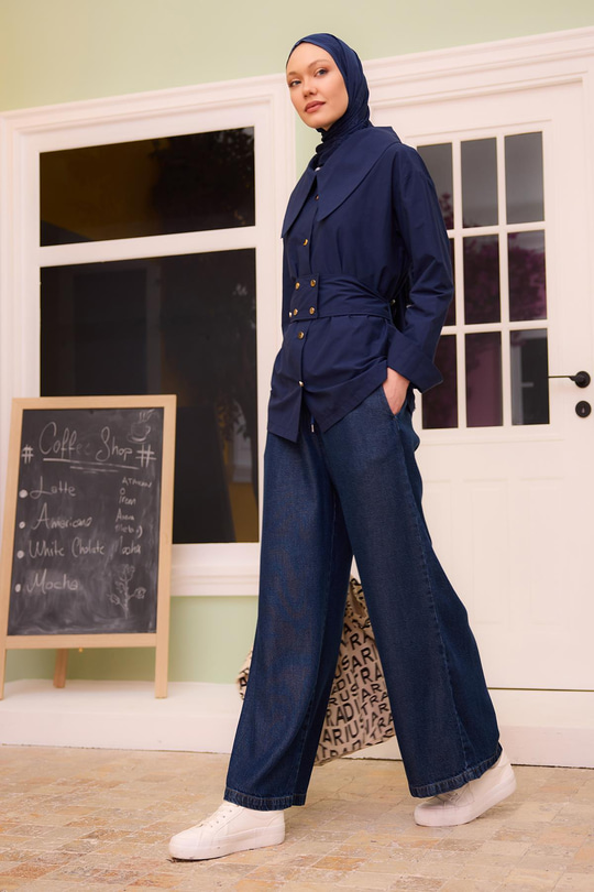 Beli Lastikli Cepli Bol Paça Pantolon Koyu Mavi