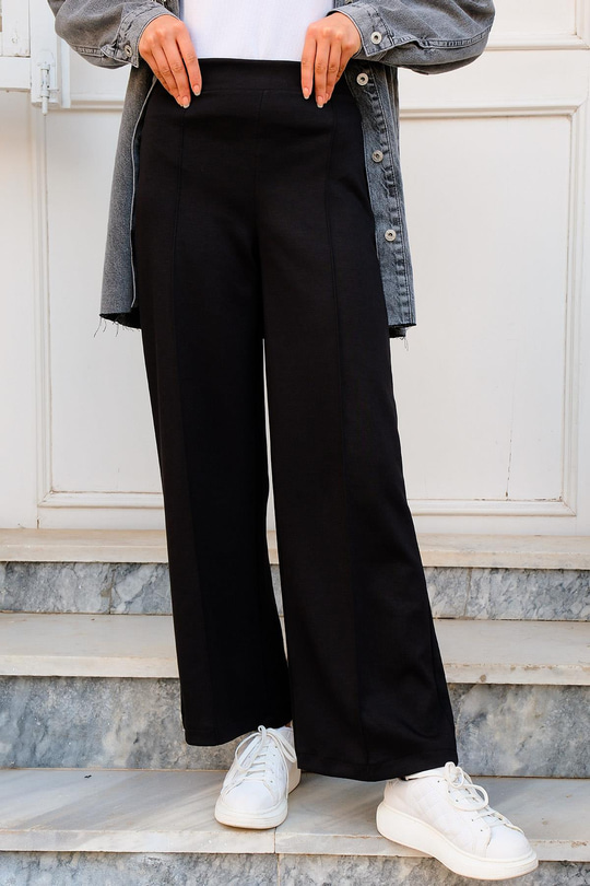 Beli Lastikli Çimalı İspanyol Paça Pantolon  Siyah