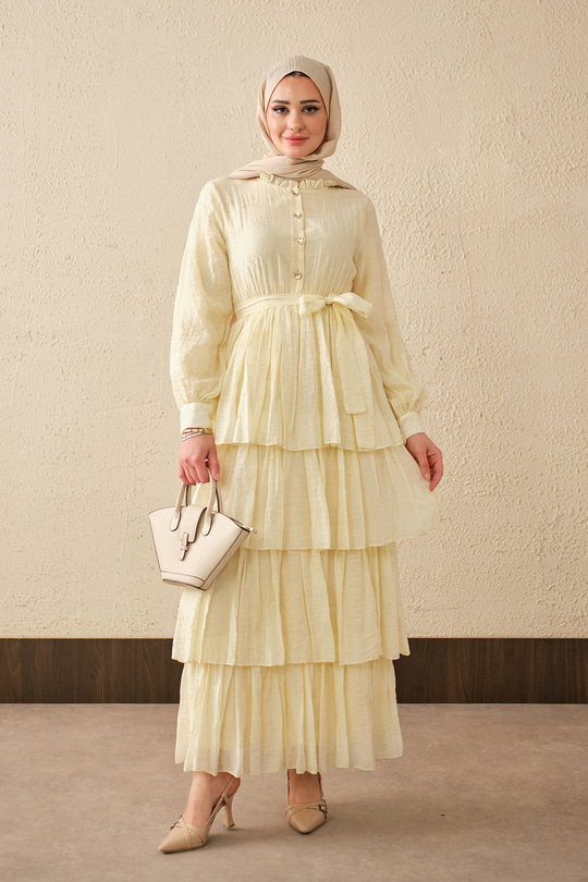 Beli Lastikli Gold Düğme Detaylı Volanlı Elbise Sarı