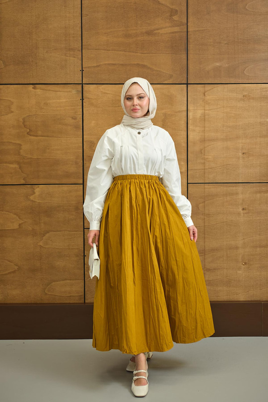 Beli Lastikli Kırışık Detay Etek Hardal
