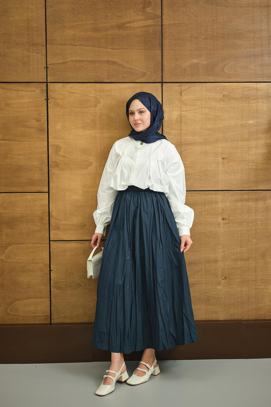 Beli Lastikli Kırışık Detay Etek İndigo Mavi