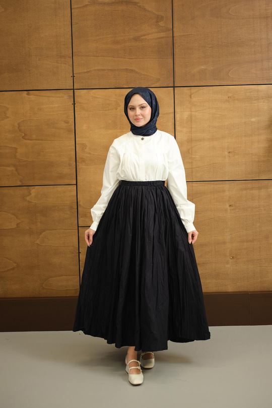 Beli Lastikli Kırışık Detay Etek Lacivert