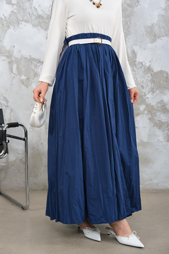 Beli Lastikli Kırışık Detay Etek Saks Mavi