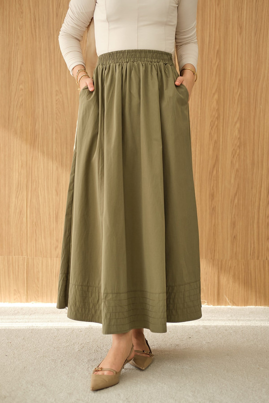 Beli Lastikli Kırışık Etek Açık Yeşil