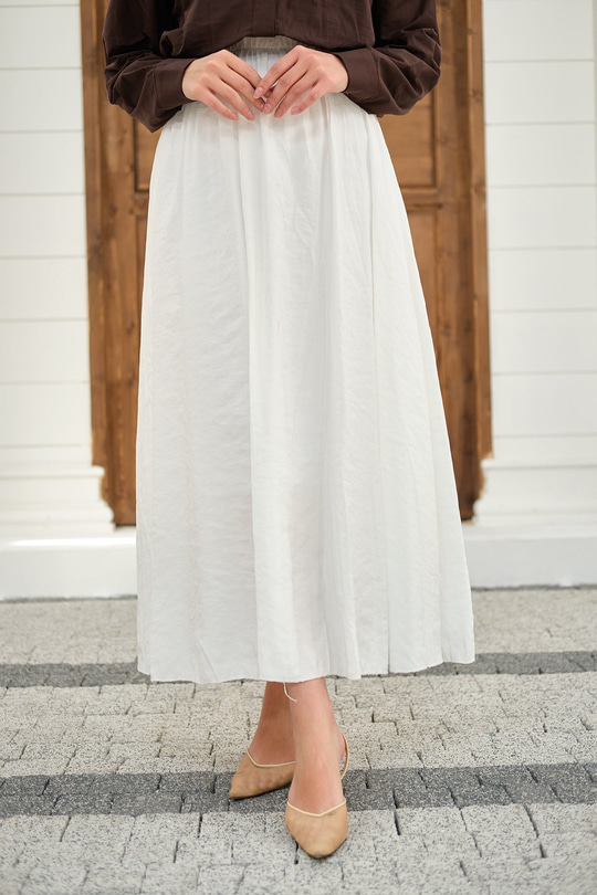 Beli Lastikli Kırışık Etek Beyaz