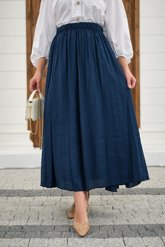 Beli Lastikli Kırışık Etek Lacivert