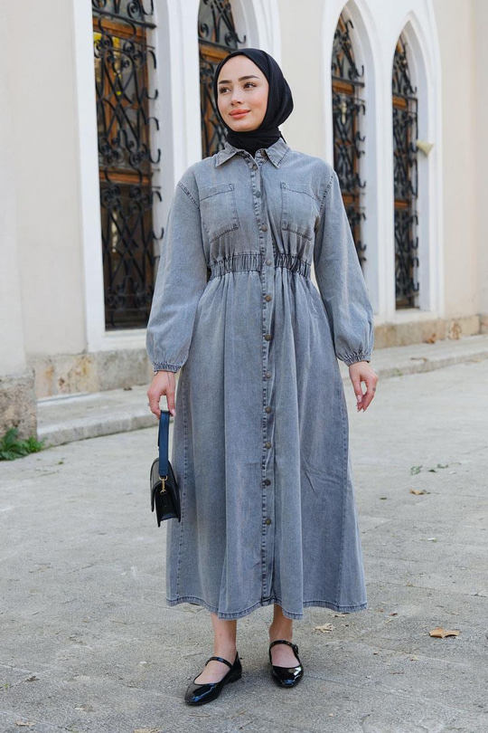 Beli Lastikli Kot Elbise Füme