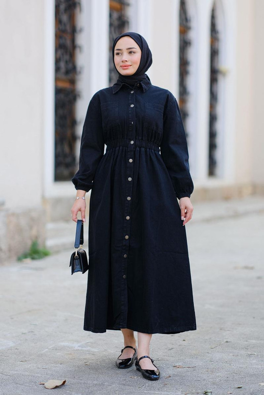 Beli Lastikli Kot Elbise Siyah