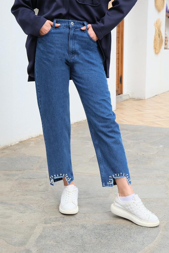 Beli Lastikli Paçası Taşlı Bol Paça Pantolon Mavi