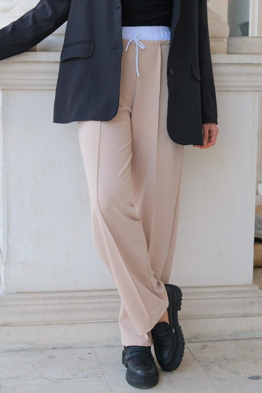 Beli Lastikli Pantolon Krem