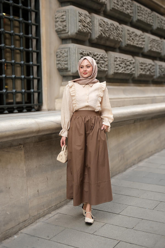 Beli Lastikli Poplin Etek Kahverengi