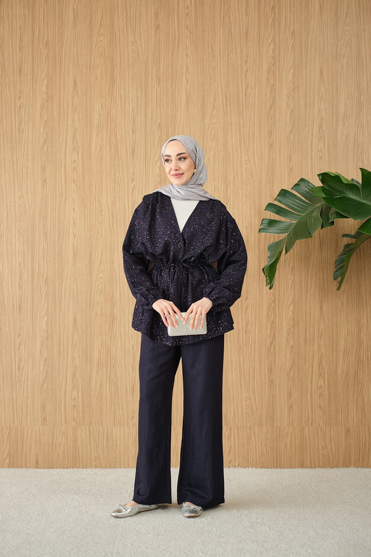 Beli Lastikli Simli Kimono Takım Lacivert