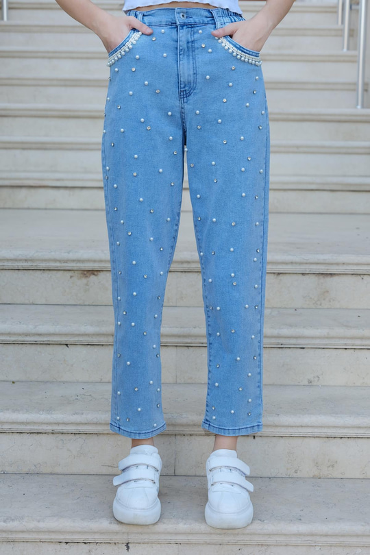 Beli Lastikli Taş Aksesuarlı Pantolon Açık Mavi