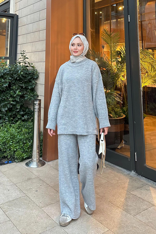 Beli Lastikli Triko Takım Gri