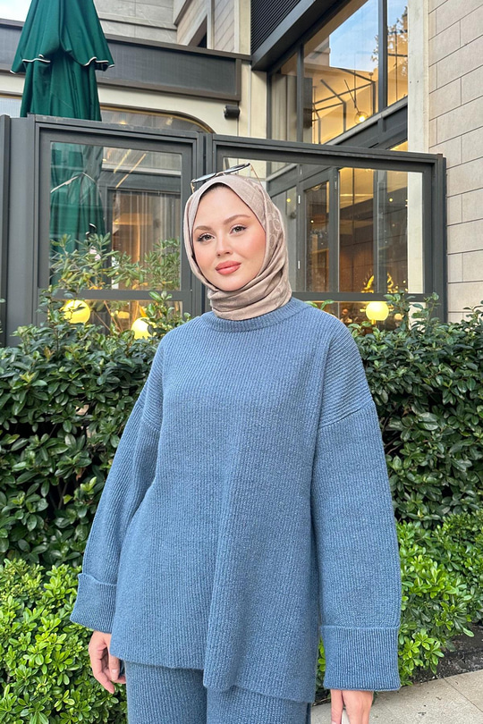 Beli Lastikli Triko Takım Mavi