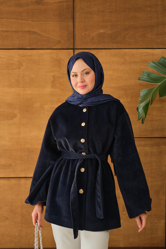 Beli Lastikli Tüylü Ceket Lacivert