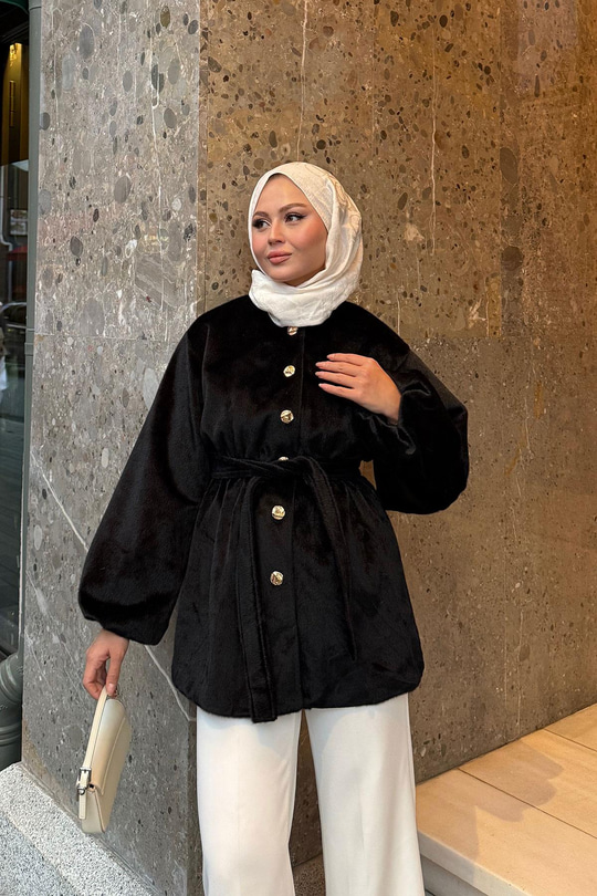 Beli Lastikli Tüylü Ceket Siyah