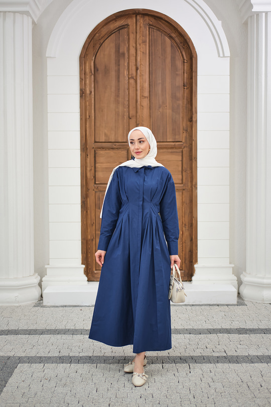 Beli Pileli Gömlek Yaka Gizli Düğmeli Elbise Lacivert