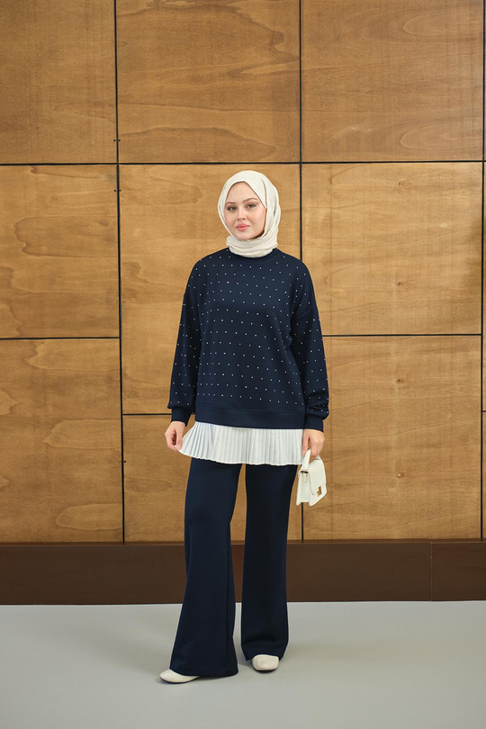 Beli Pileli Taşlı İkili Takım Lacivert