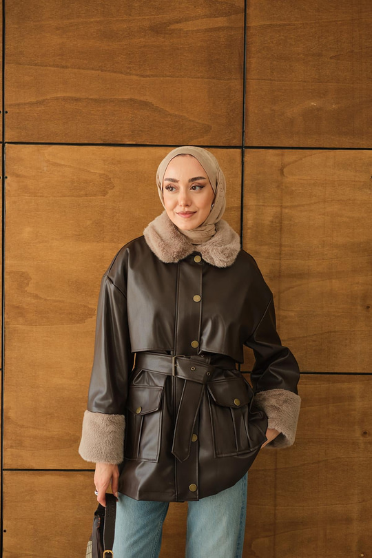 Bilek Ve Yaka Kürklü Deri Ceket Kahverengi