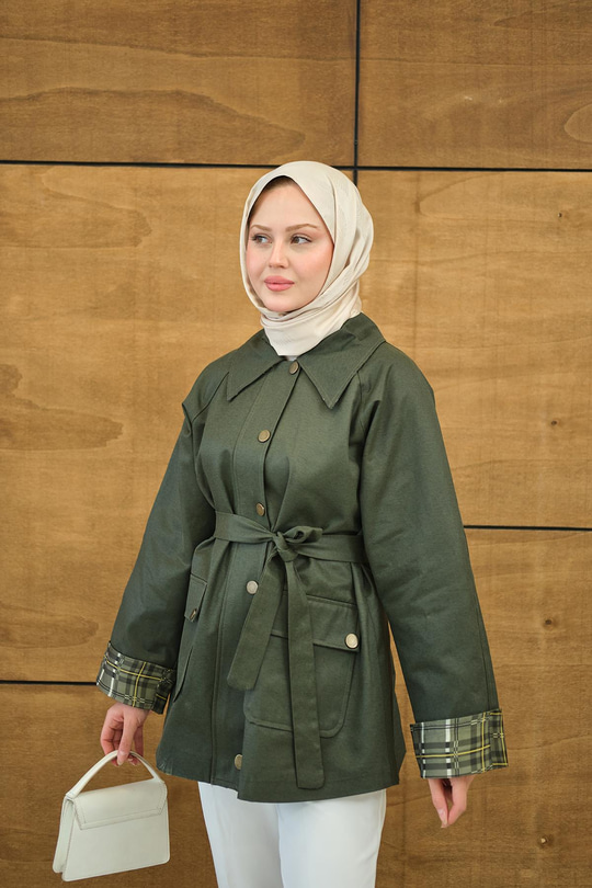 Bilekleri Ekose Görünümlü Trenç Yeşil