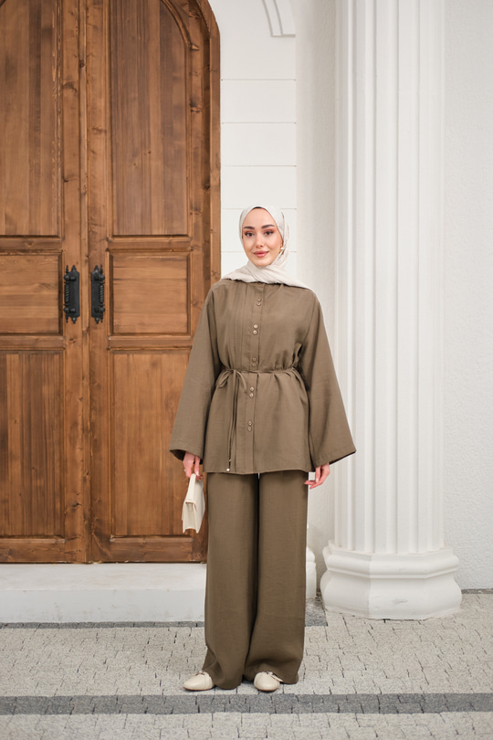 Bisiklet Yaka Bel Bağlamalı Basic Takım Haki Yeşil