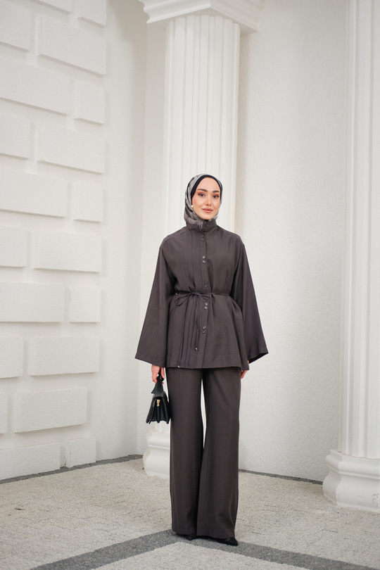 Bisiklet Yaka Bel Bağlamalı Basic Takım Antrasit