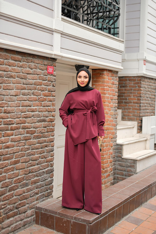 Bisiklet Yaka Bel Bağlamalı Takım Bordo