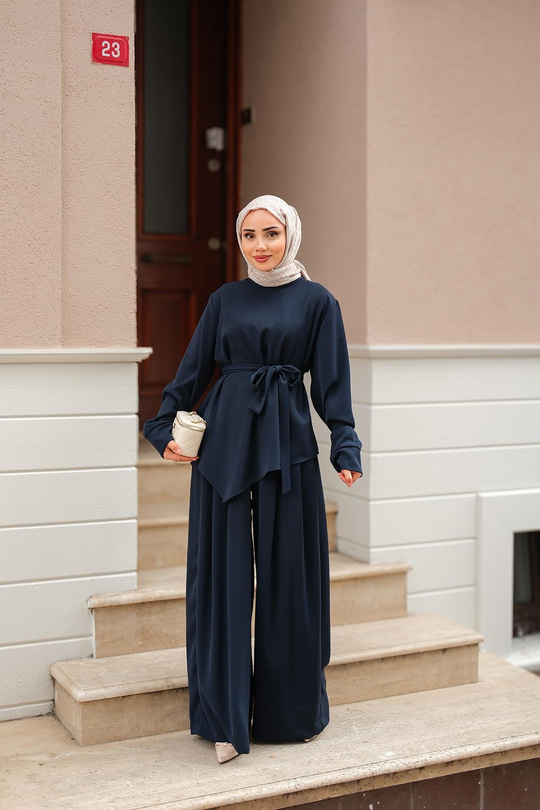 Bisiklet Yaka Bel Bağlamalı Takım Lacivert