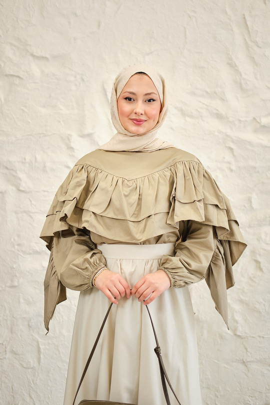 Bisiklet Yaka Büzgülü Balon Kol Tunik Küf Yeşil