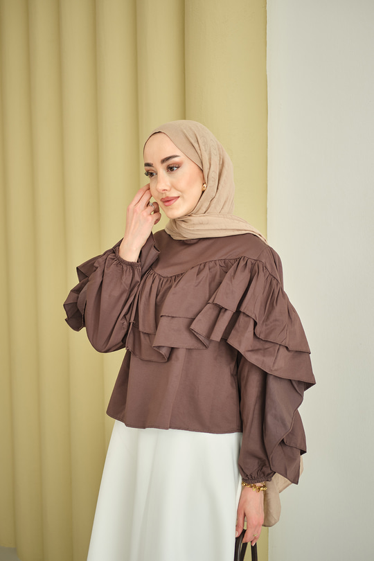 Bisiklet Yaka Büzgülü Balon Kol Tunik Kahverengi