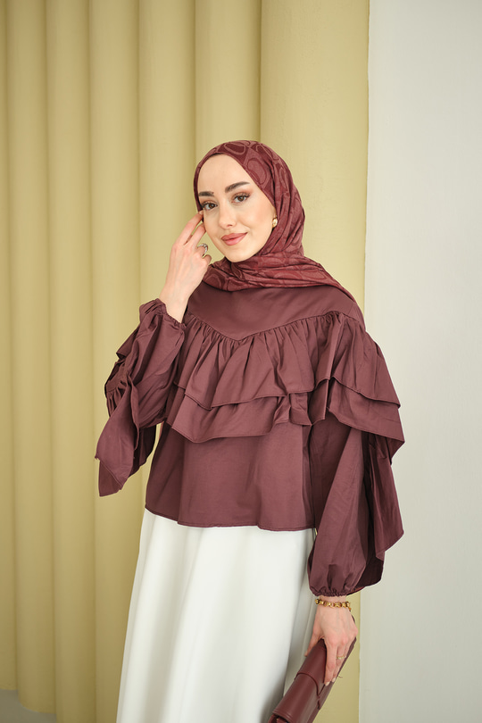 Bisiklet Yaka Büzgülü Balon Kol Tunik Mürdüm