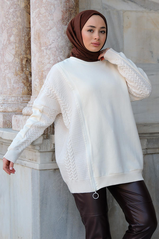 Bisiklet Yaka Fermuarlı Sweat Krem