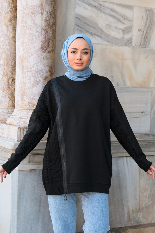 Bisiklet Yaka Fermuarlı Sweat Siyah