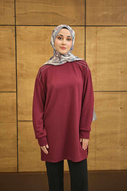 Bisiklet Yaka Omuz Taş Detay Regular Viskon Tunik Bordo
