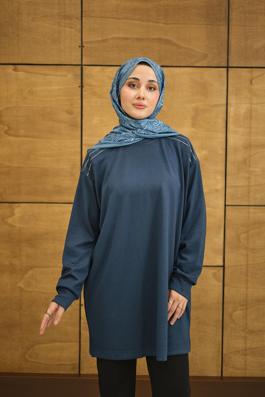 Bisiklet Yaka Omuz Taş Detay Regular Viskon Tunik İndigo Mavi