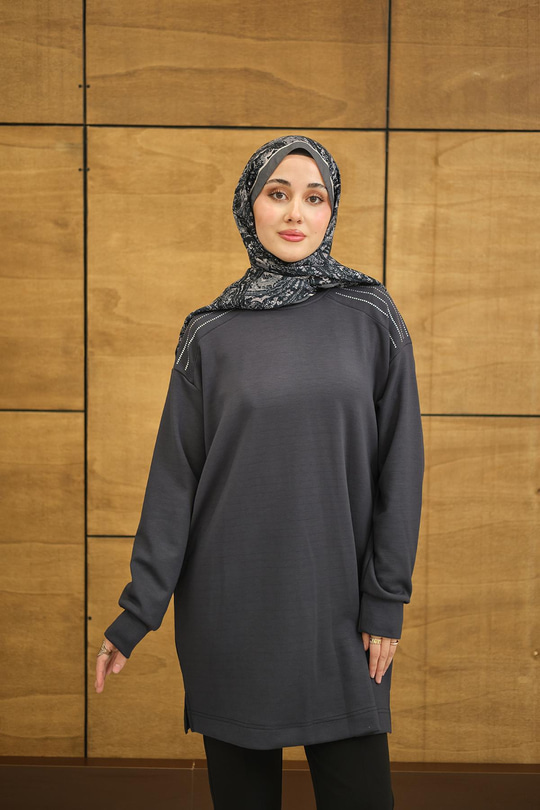 Bisiklet Yaka Omuz Taş Detay Regular Viskon Tunik Antrasit