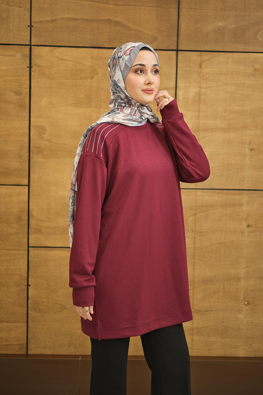 Bisiklet Yaka Omuz Taş Detay Regular Viskon Tunik Mürdüm