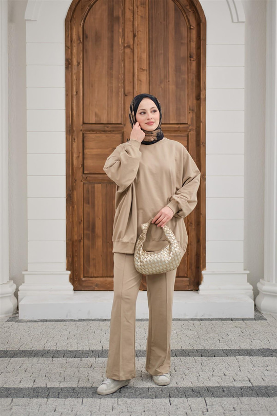 Bisiklet Yaka Oversize İkili Takım Vizon