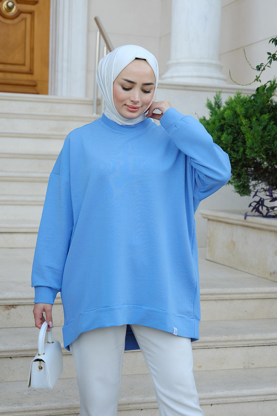 Bisiklet Yaka Oversize Sweat Mavi