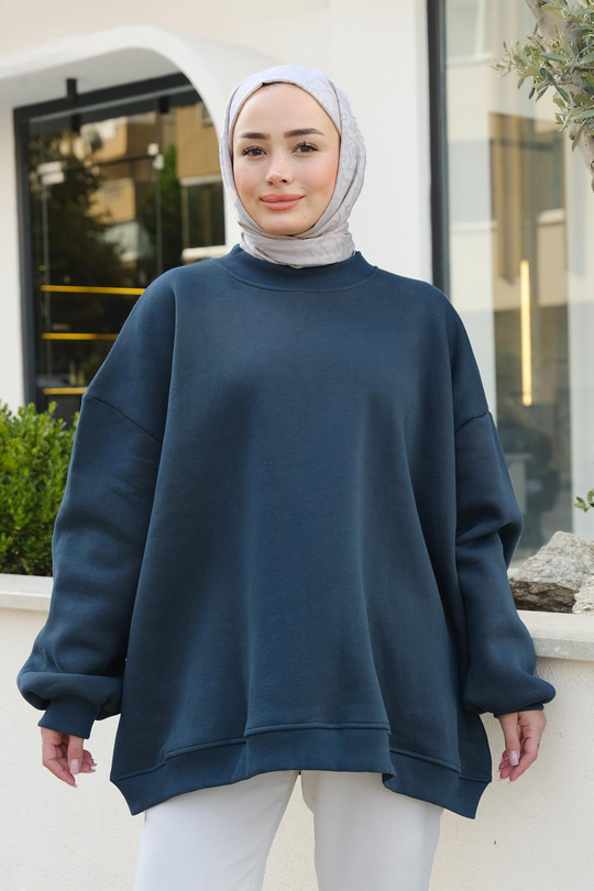 Bisiklet Yaka Oversize Sweat Petrol Mavi