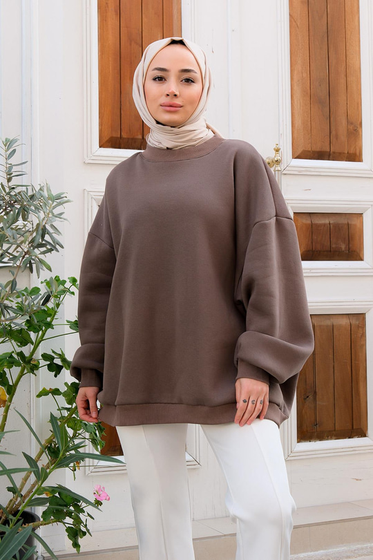 Bisiklet Yaka Oversize Sweat Soğuk Kahve