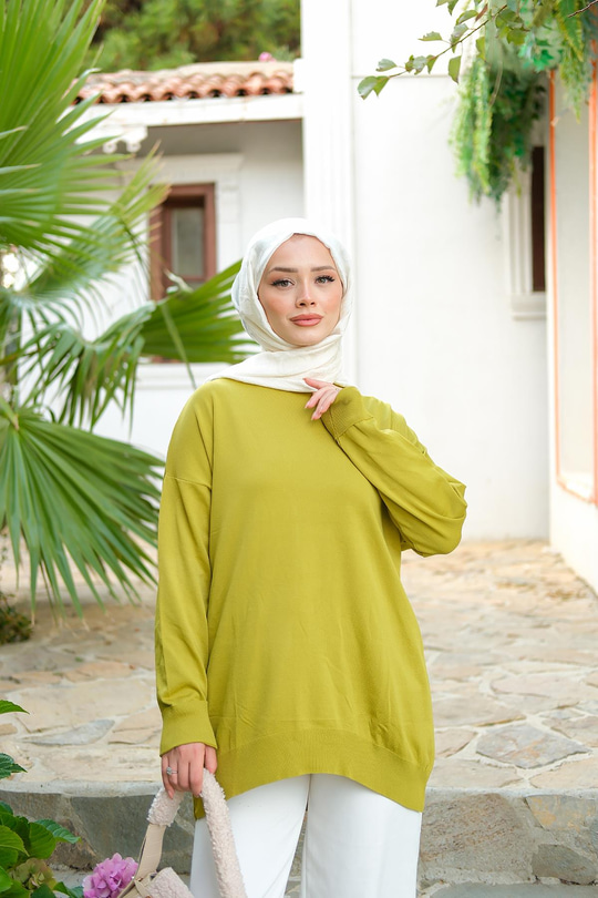 Bisiklet Yaka Oversize Triko Kazak  Yağ Yeşil