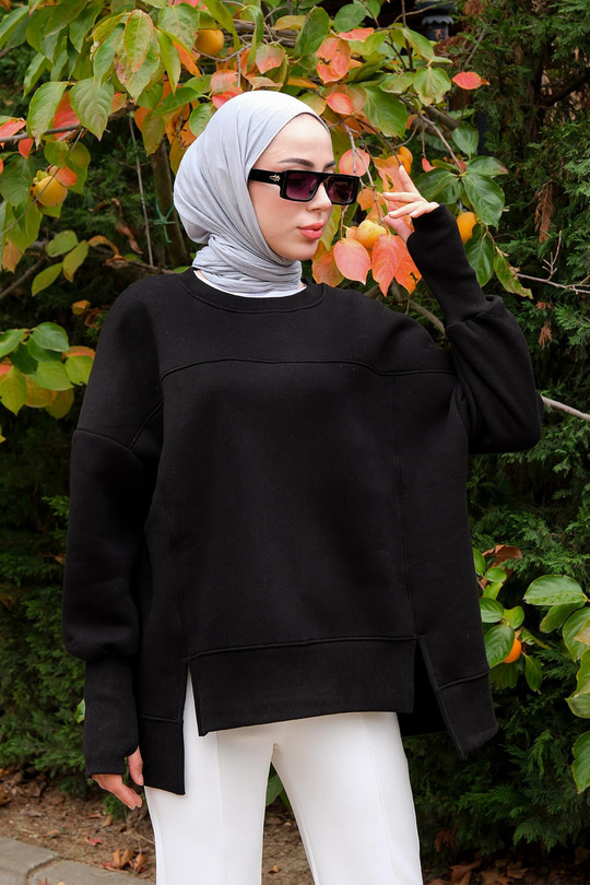 Bisiklet Yaka Sweat Siyah