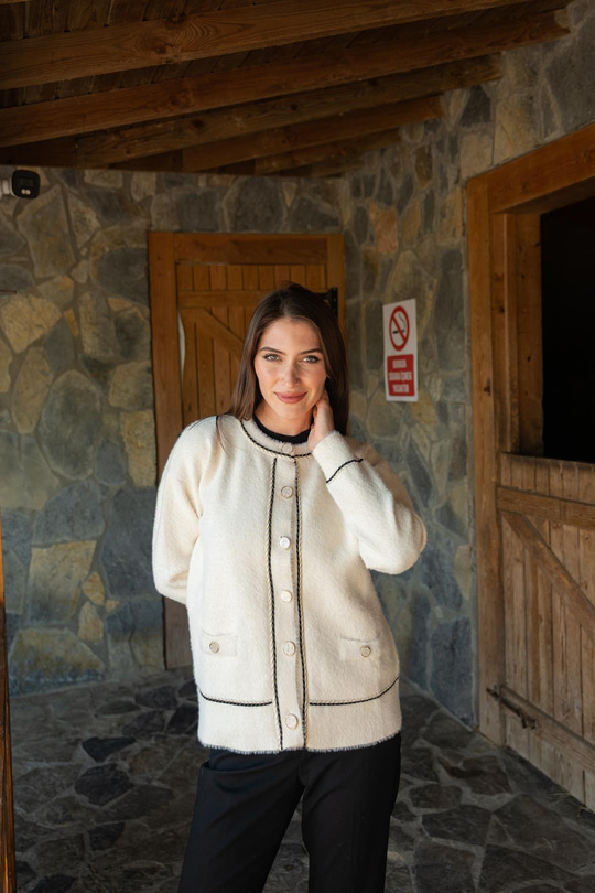 Bisiklet Yaka Triko Ceket Bej